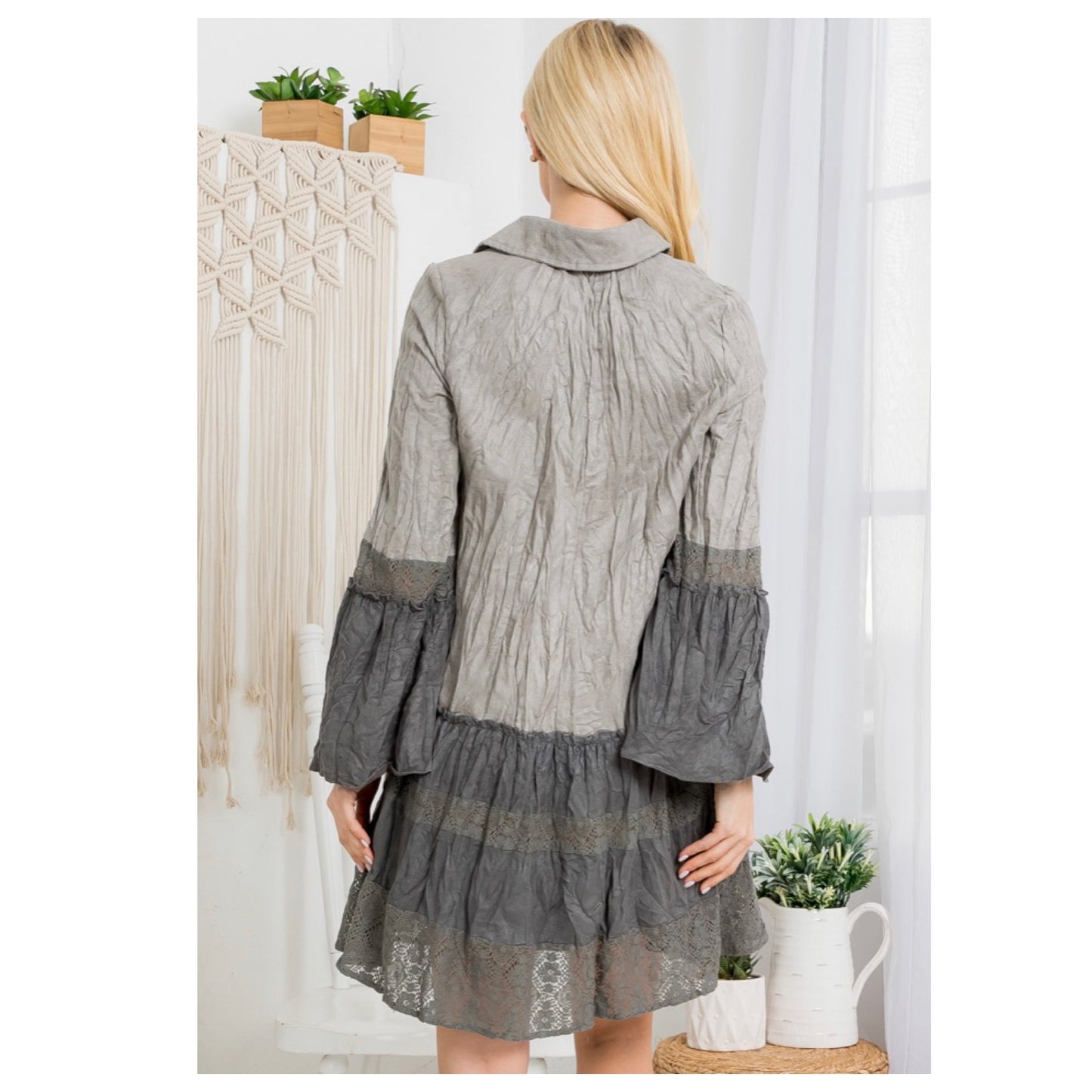 Call Me Unique! Tailored Collar Bell Sleeve Gray Dress