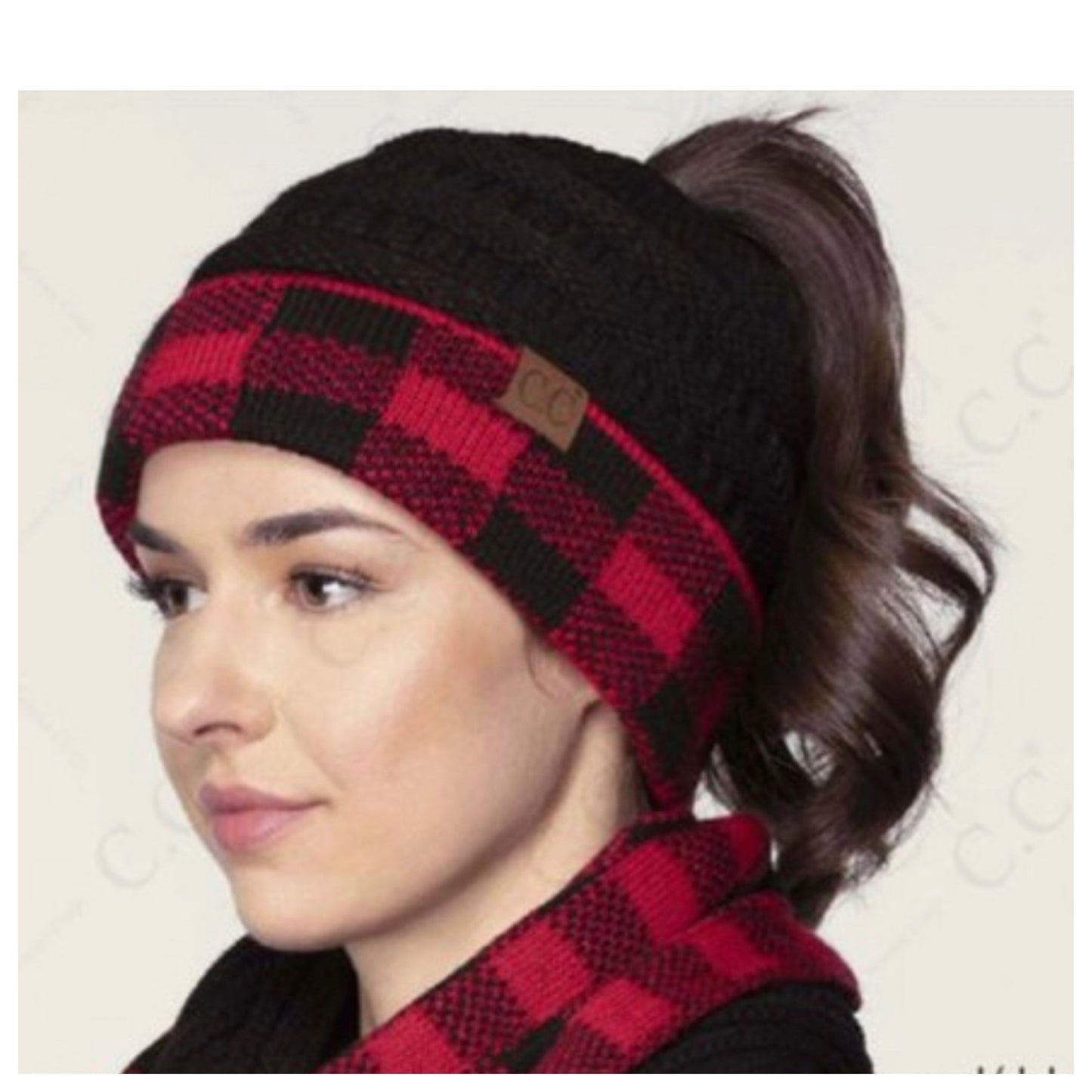 Cozy Buffalo Plaid CC Beanie Tail, Messy Bun