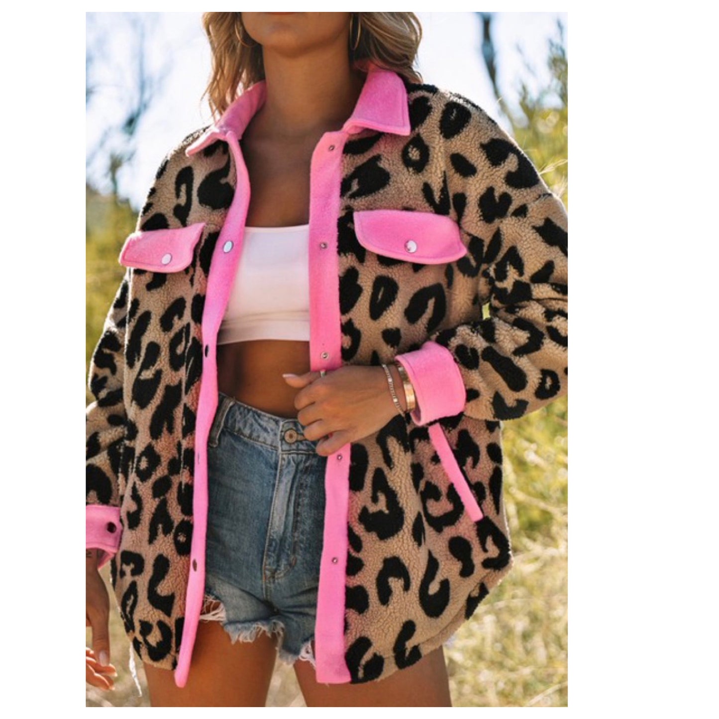 Trendy Pink or Black Trim Leopard Teddy Jacket-Women’s Winter Coat