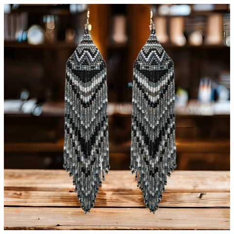 Ashlyn’s Black Gray Mix Aztec Fringe Drop Seed Bead Earrings-Western-Navajo
