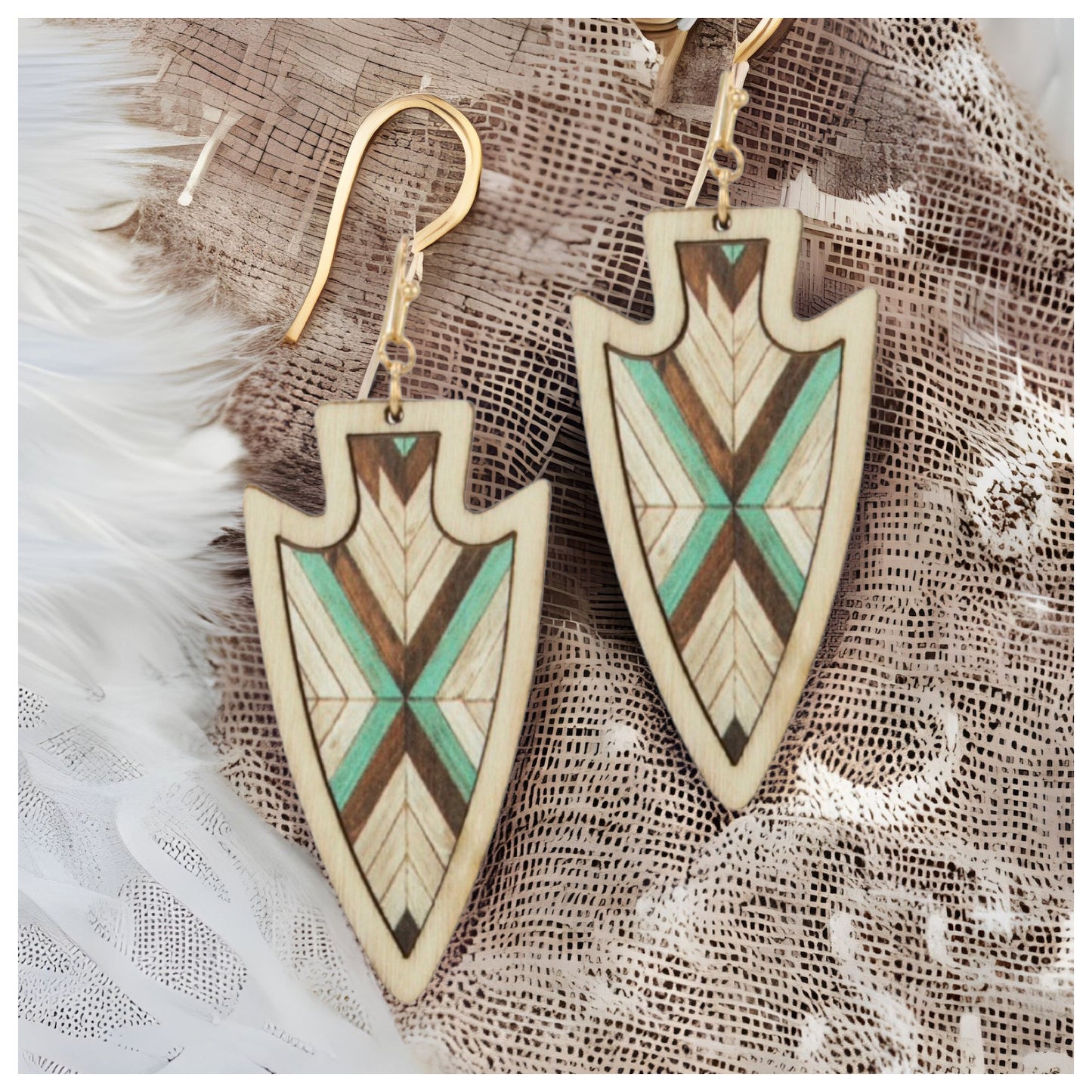 Geometric Aztec Painting Wood Arrow Shape Earrings