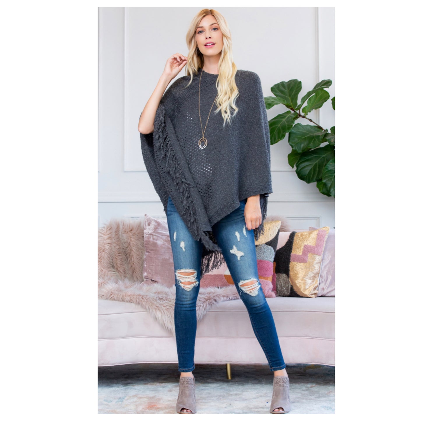 Classy and Sassy Fringe Trim Gray Knit Poncho-Shawl-Winter Outerwear