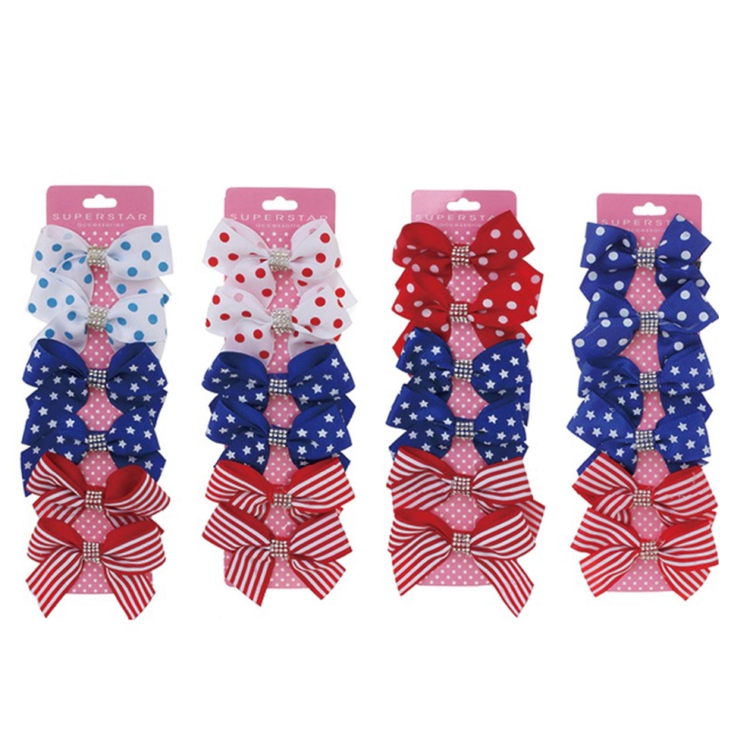 Set of 6-American Flag Theme Little Girl Rhinestone Hair Bows