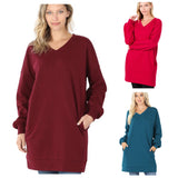Holiday SPECIAL-Cozy ZENANA Oversized V Neck Long Line Sweatshirt with Pockets-Women’s Sweater Tops