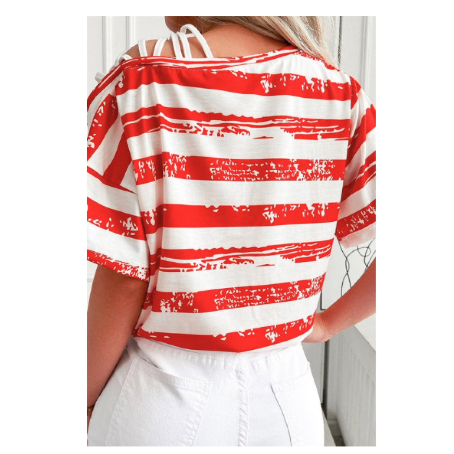 Closeout-Adorable Amanda Cross Strap Cold Shoulder American Flag Top