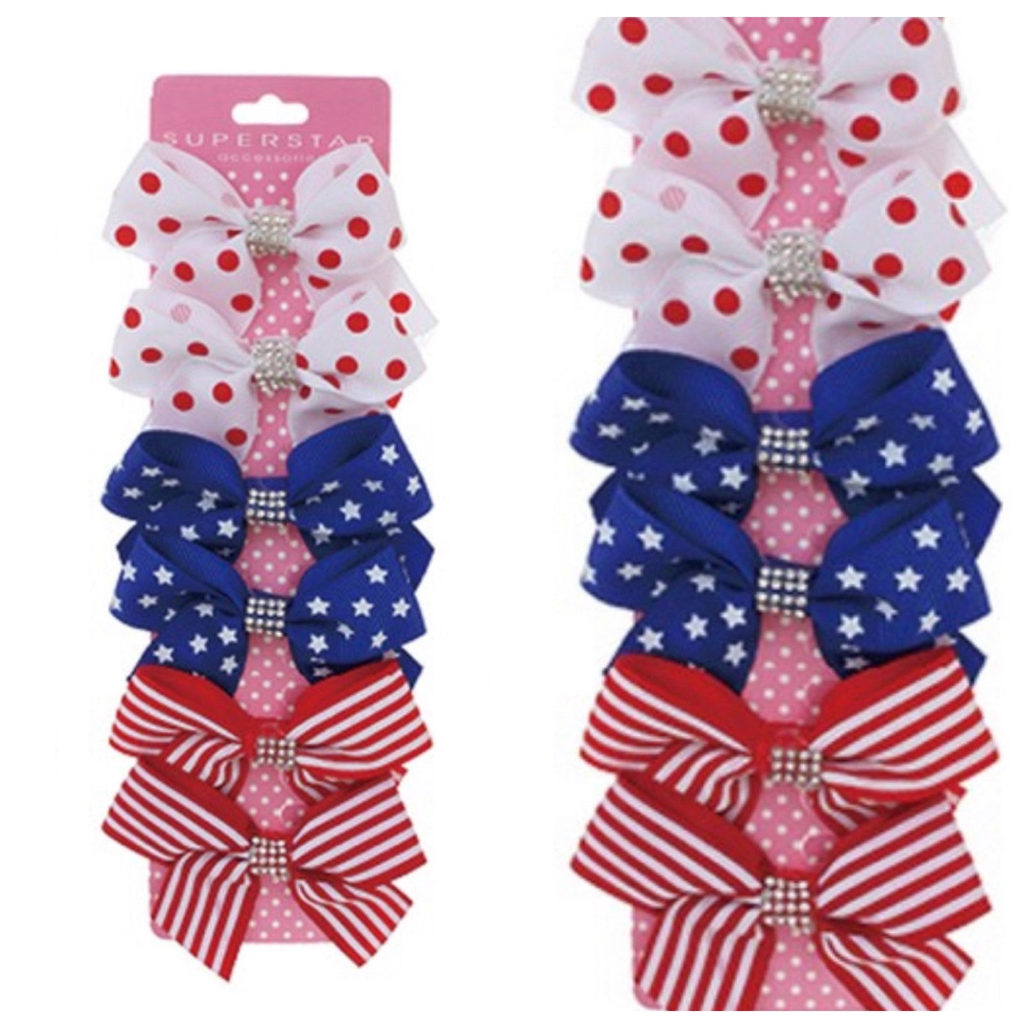 Set of 6-American Flag Theme Little Girl Rhinestone Hair Bows