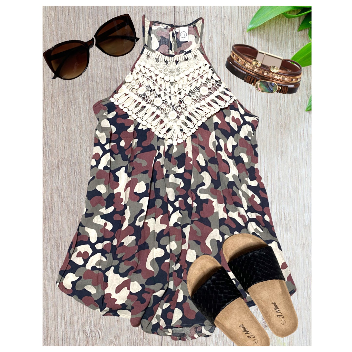 Closeout-Darling Embroidered Neckline Camouflage Halter Babydoll Top