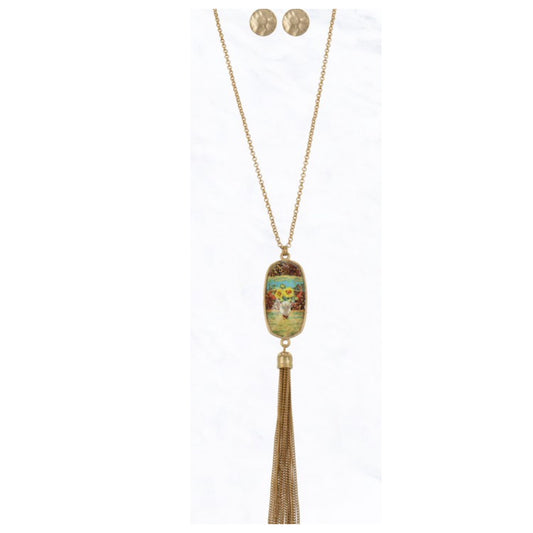 Adorable Longhorn Floral and Leopard Pendant Tassel Necklace Set