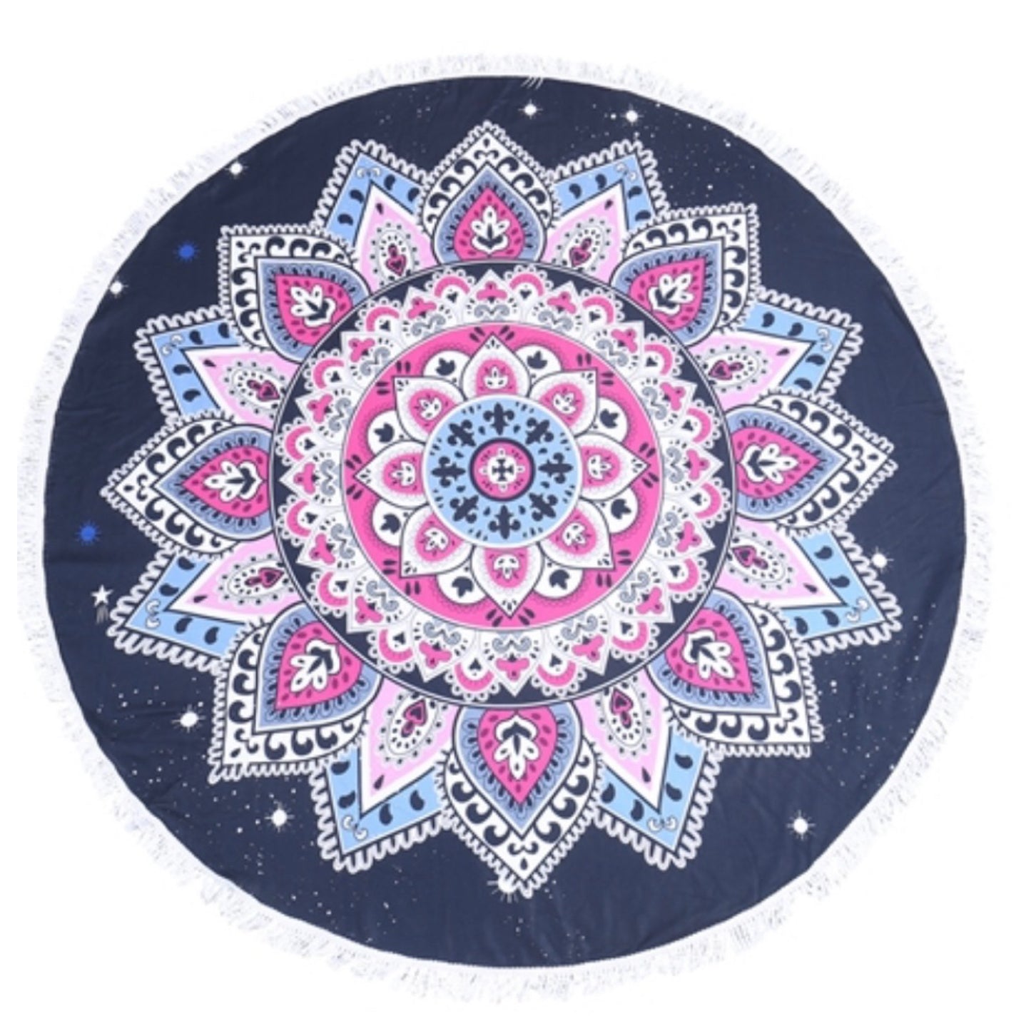 “Fun in the Sun" Fringe Trim Navy Pink Mandela Round Beach Towel