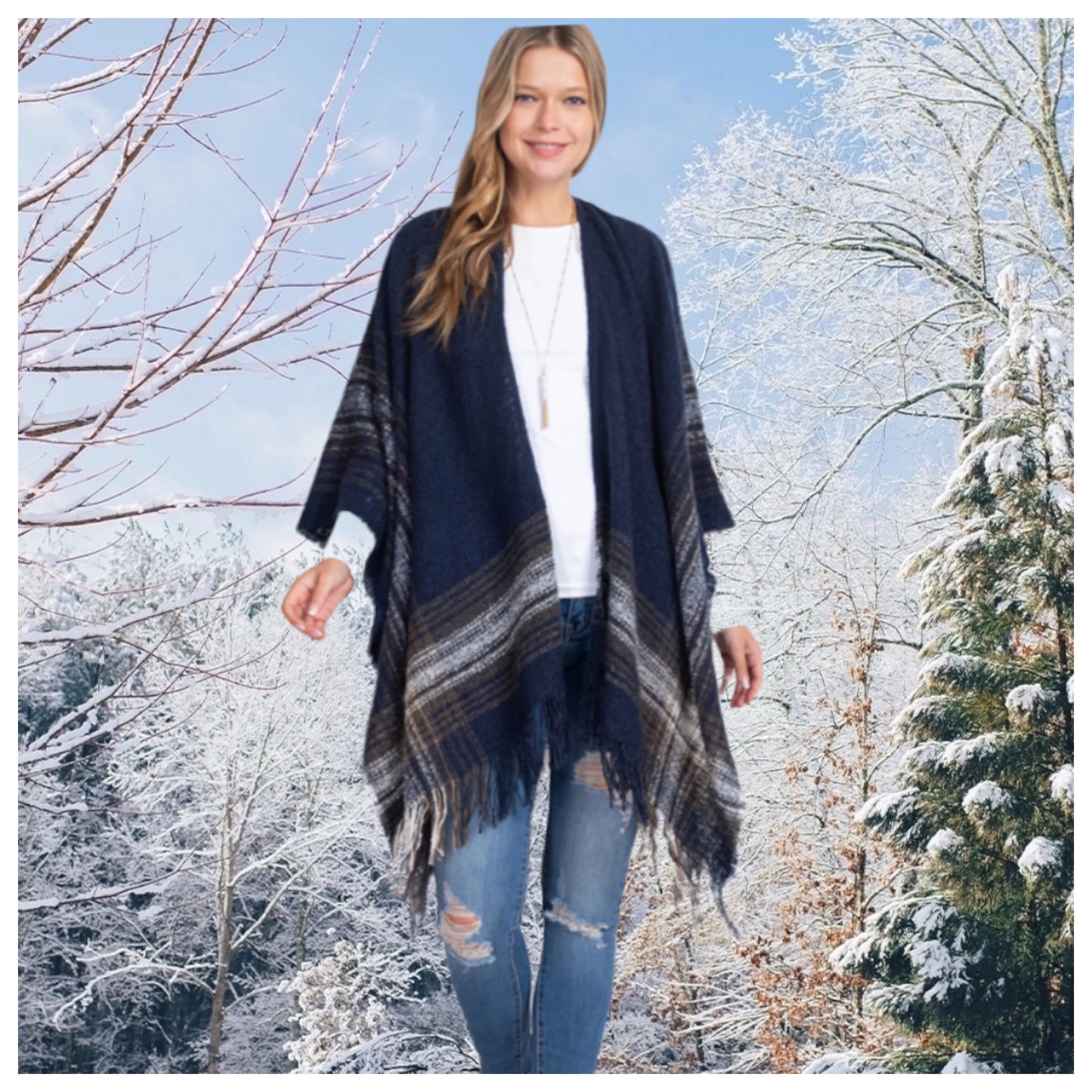 Crazy Cozy Multi Plaid Fringe Trim Navy Ruana Shawl