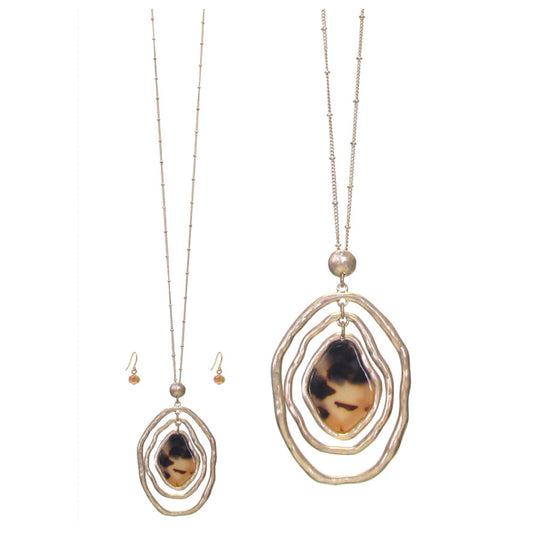 Organic Tortoise Shell Long Oval Pendant Necklace Set
