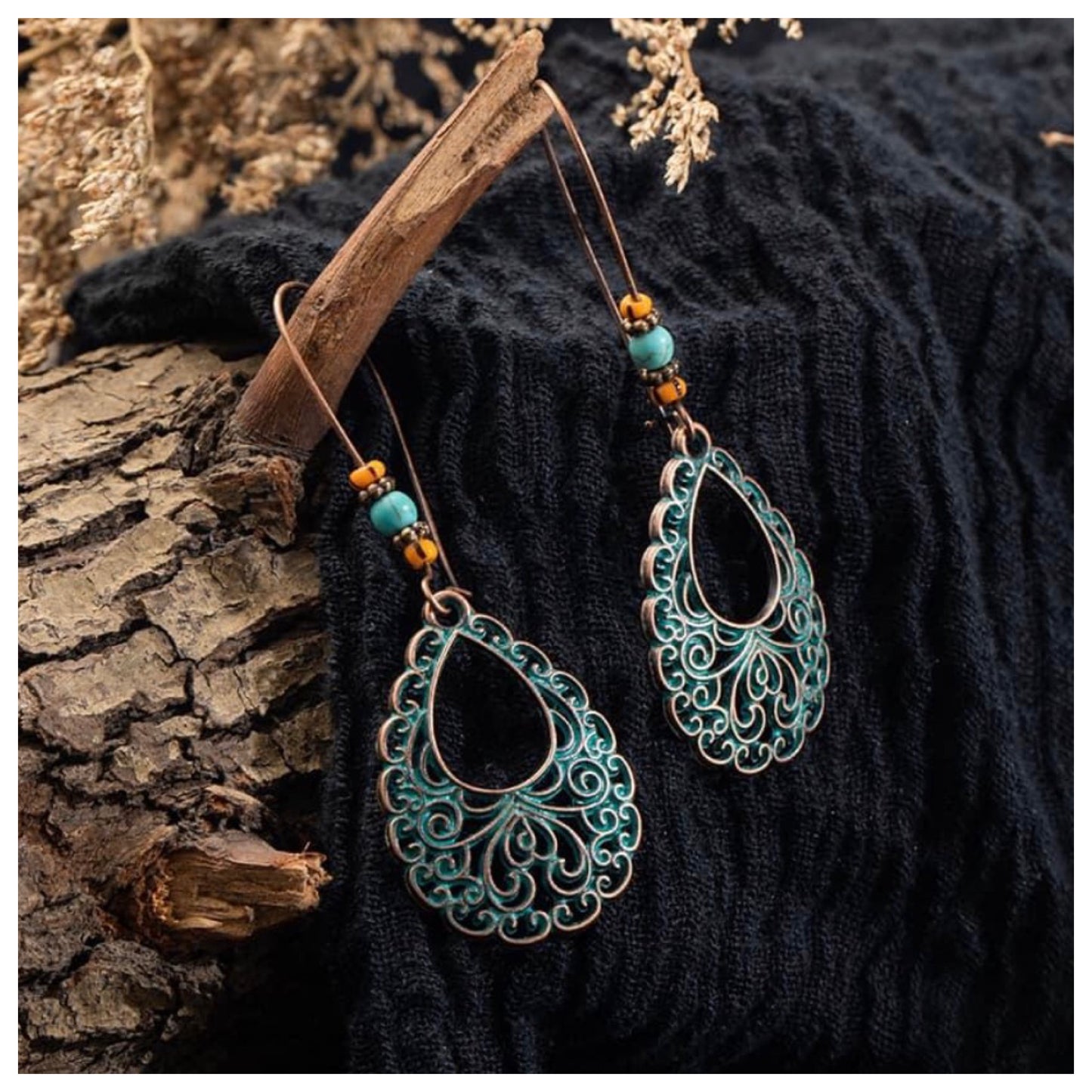 Dainty Vintage Copper & Turquoise Teardrop Cutout Earrings