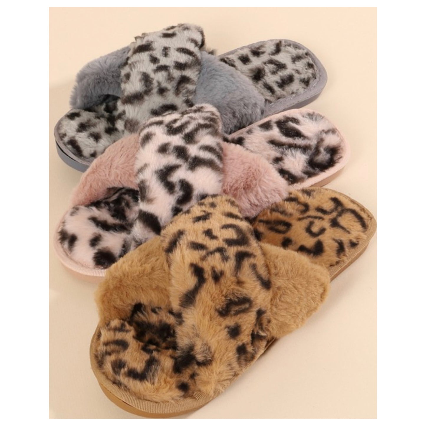Pamper Your Feet, Faux Fur Tan Leopard Slippers