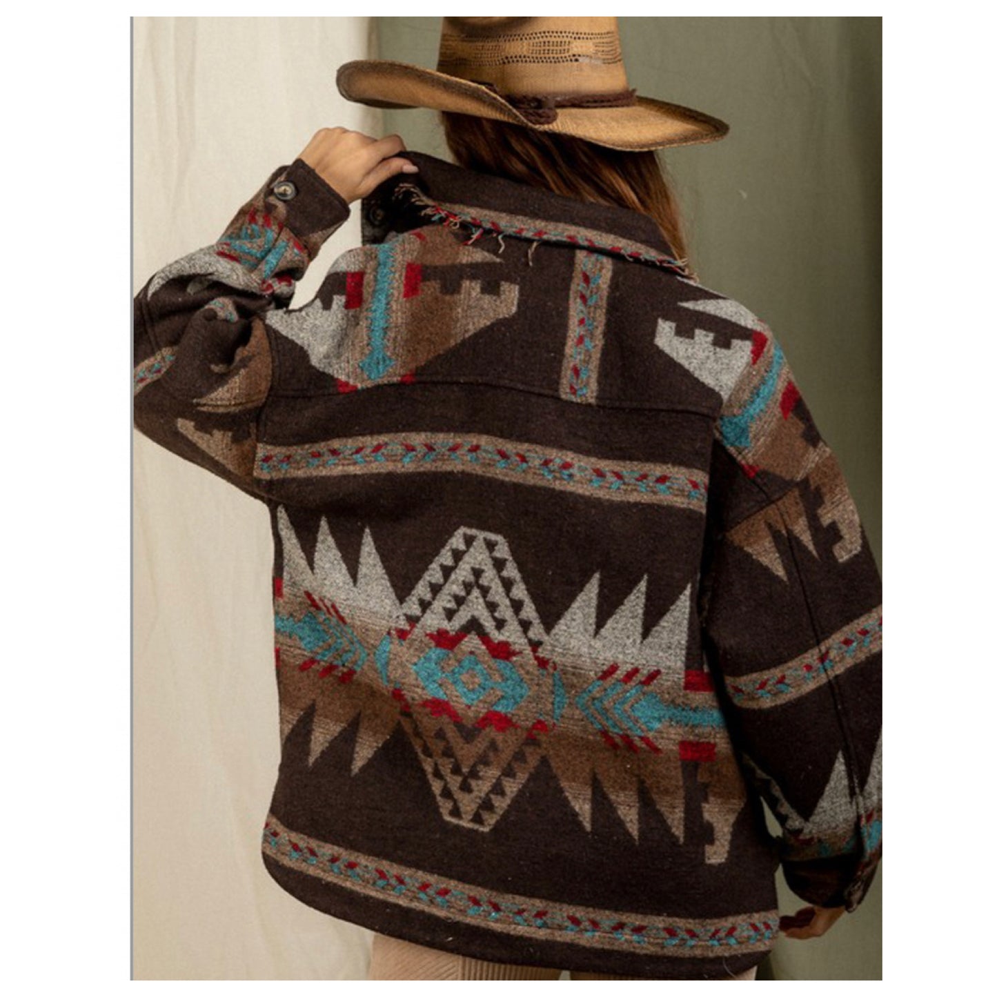 Hello Beautiful! Ashlyn’s Brown Turquoise Mix Aztec Jacket- Women’s Tribal Jacket