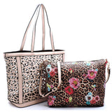 2 in 1:  Laser Cut Out Beige Leather Shopper and Leopard Cross Body Bag-Purse-Tote