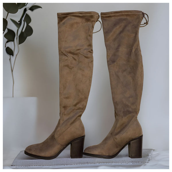 Special Sale! "Sassy Me" Above the Knee Suede Taupe Heel Boots