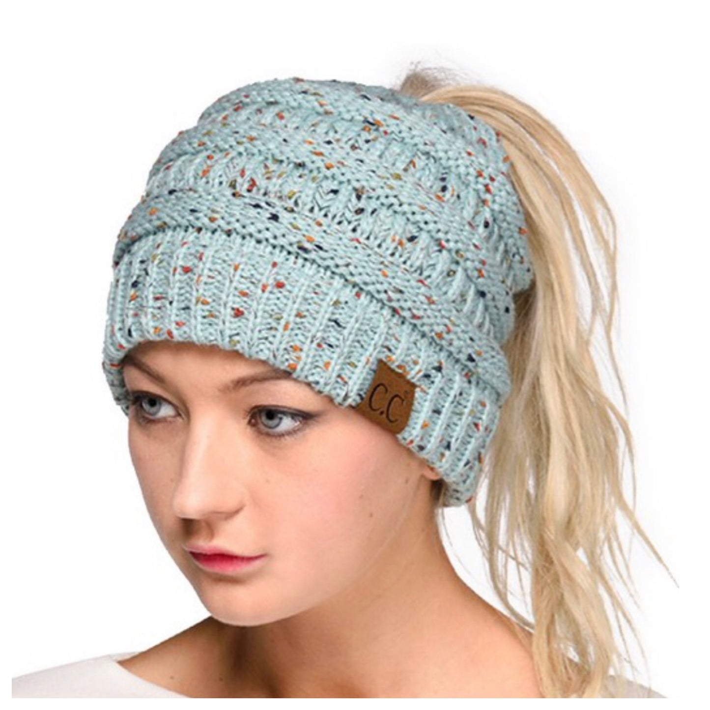 Cozy Cute Confetti Messy Bun CC Beanie, Pony Tail