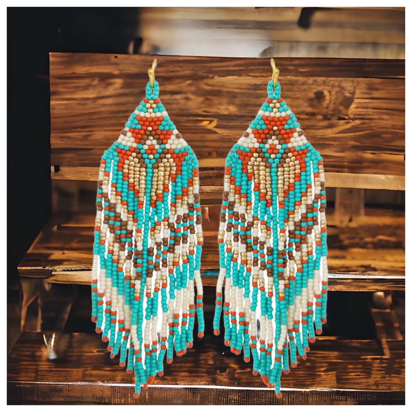 Ashlyn’s Turquoise Brown Mix Aztec Fringe Drop Seed Bead Earrings-Western-Navajo