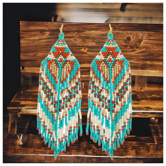 Ashlyn’s Turquoise Brown Mix Aztec Fringe Drop Seed Bead Earrings-Western-Navajo