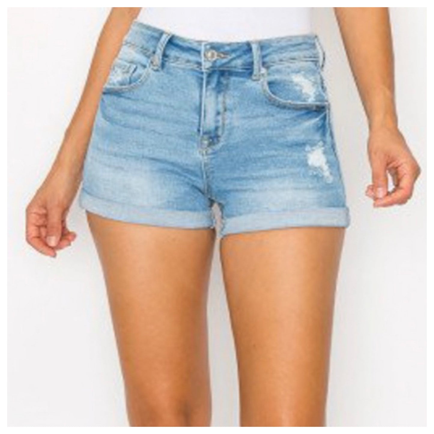Ashlyn’s Cozy Mid Rise Destroyed Light Denim Shorts