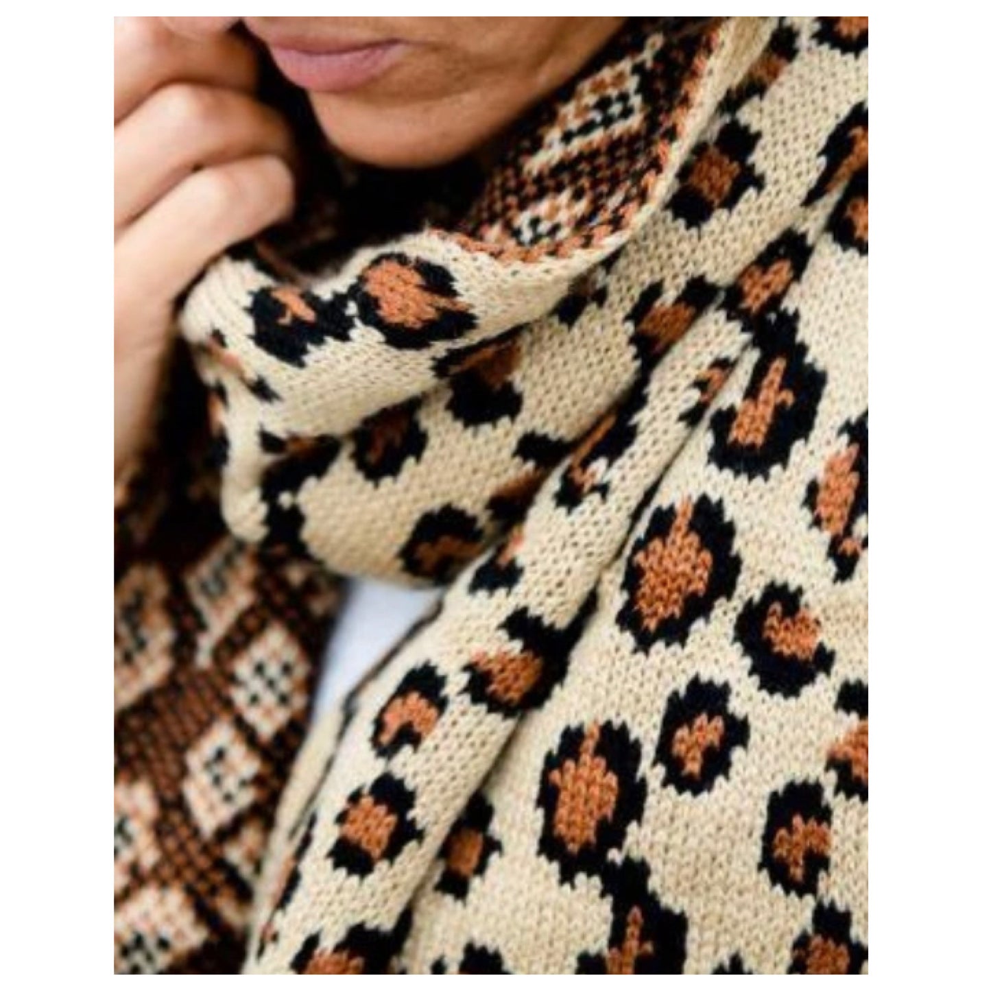 Cozy Cute Thick Knit Leopard Print with Sweater Cuff End Scarves