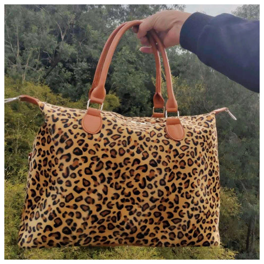 Ready, Set, Go .. Faux Fur Leopard Weekender Tote Bag