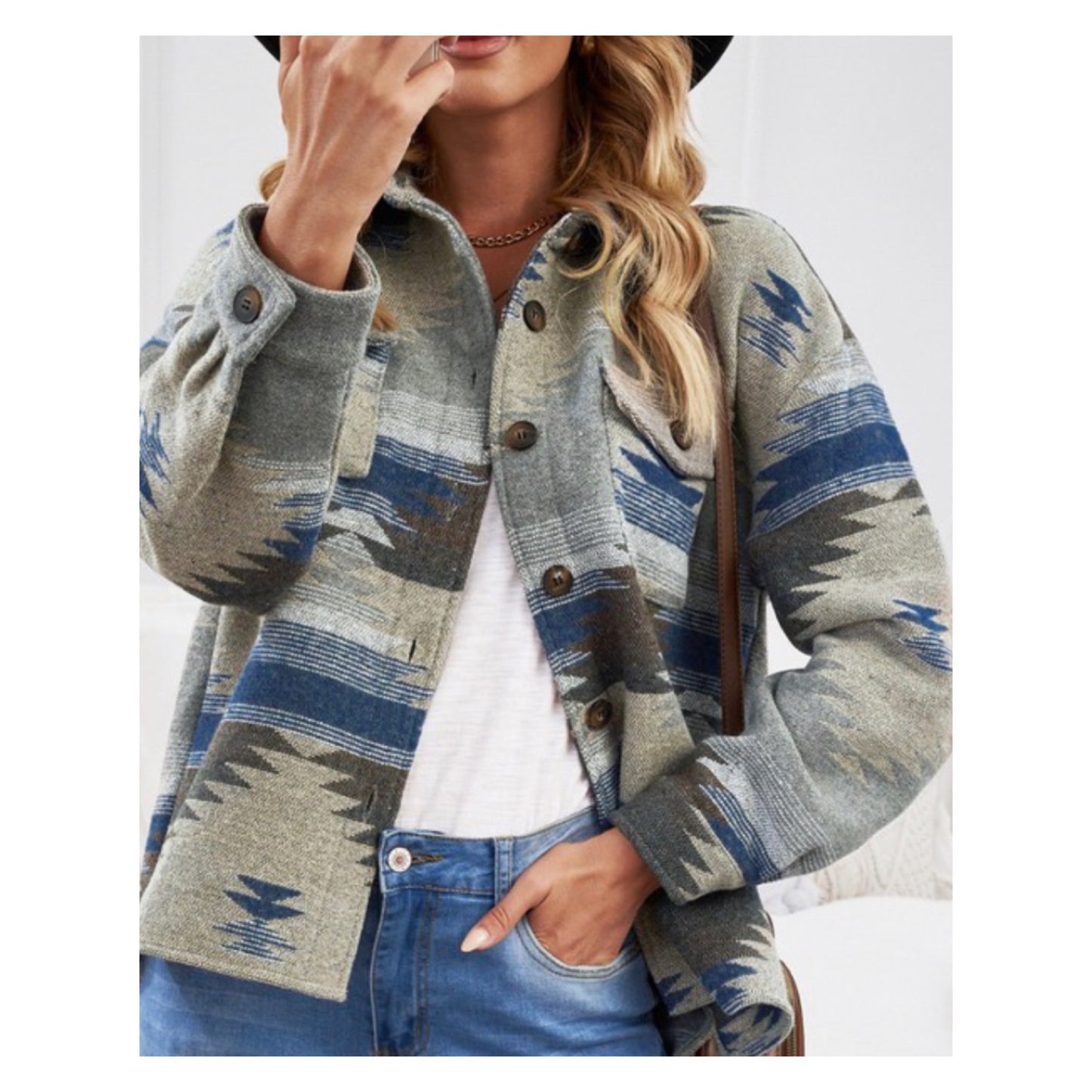 Hello Beautiful! Blue Gray Women’s Tribal-Aztec Jacket-Women’s Winter Jacket
