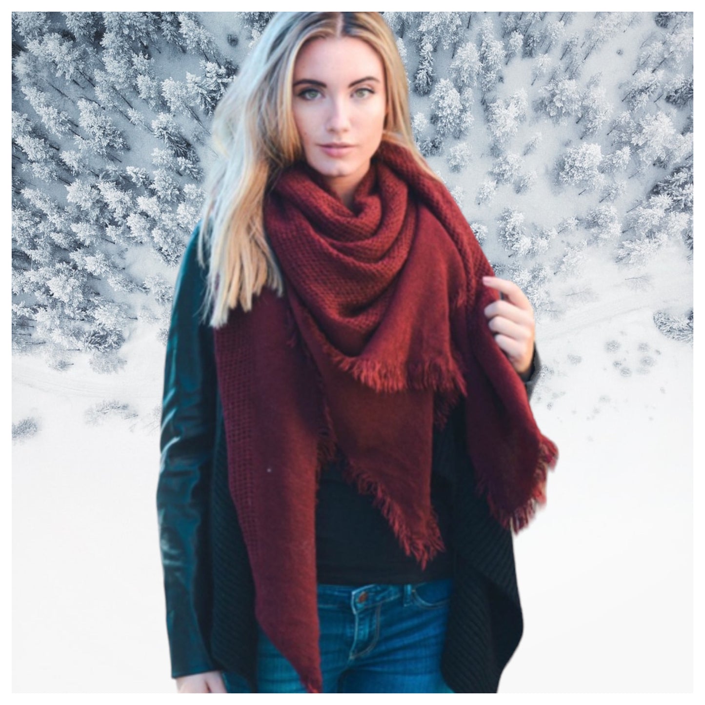 Always in Style Frayed Edge Burgundy Oblong Blanket Style Scarf-Wrap-Shawl