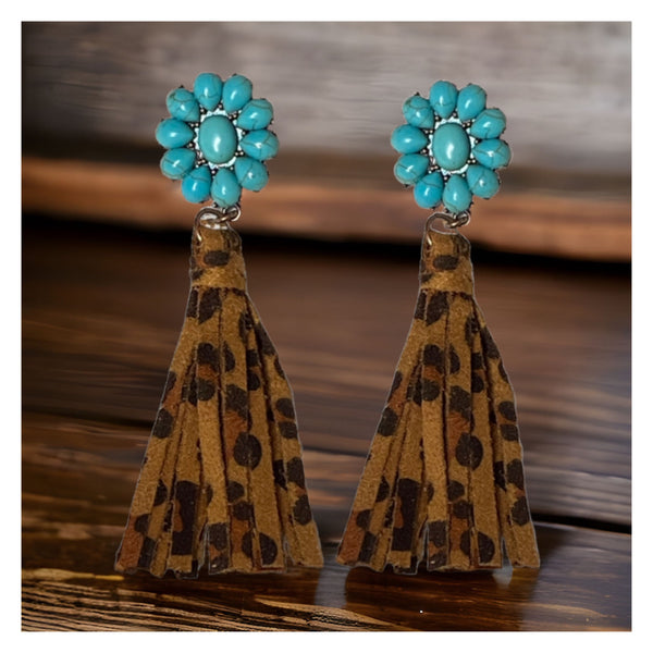 Ashlyn’s Turquoise Stone Concho Leopard Fringe Earrings-Western Jewelry