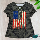 Special~Hello Beautiful! Lace Up V Neck Camouflage Top with USA Flag Print