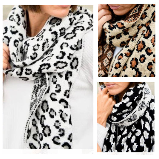 Cozy Cute Thick Knit Leopard Print with Sweater Cuff End Scarves