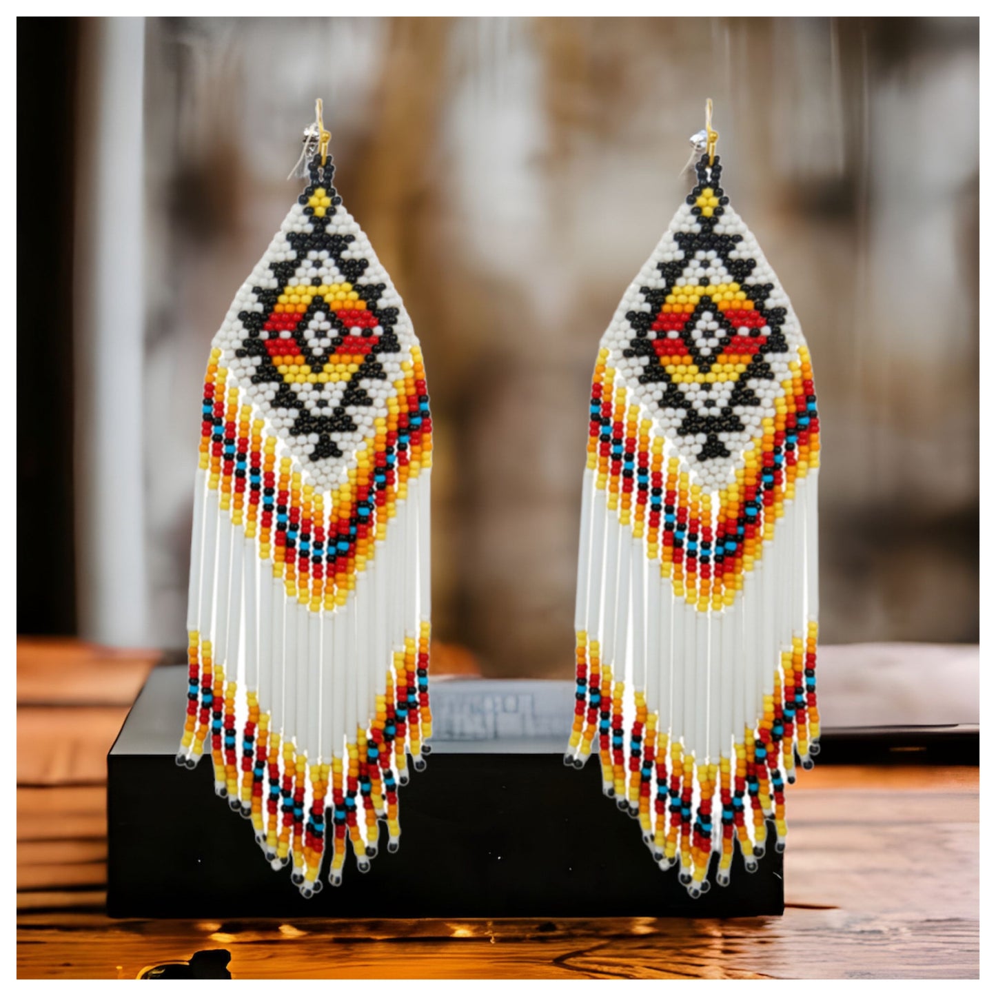 Ashlyn’s Ivory Black Mix Aztec Fringe Drop Seed Bead Earrings-Western-Navajo