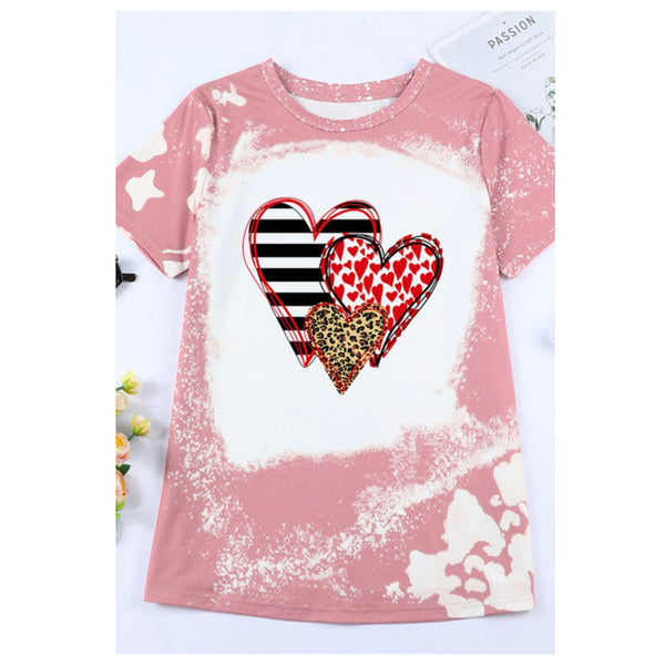 Always and Forever-Pink Bleach Splatter Triple Heart Graphic Top-Valentines Day