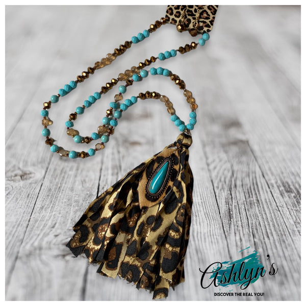 Ashlyn’s Leather Leopard & Turquoise Fringe Sweater Necklace