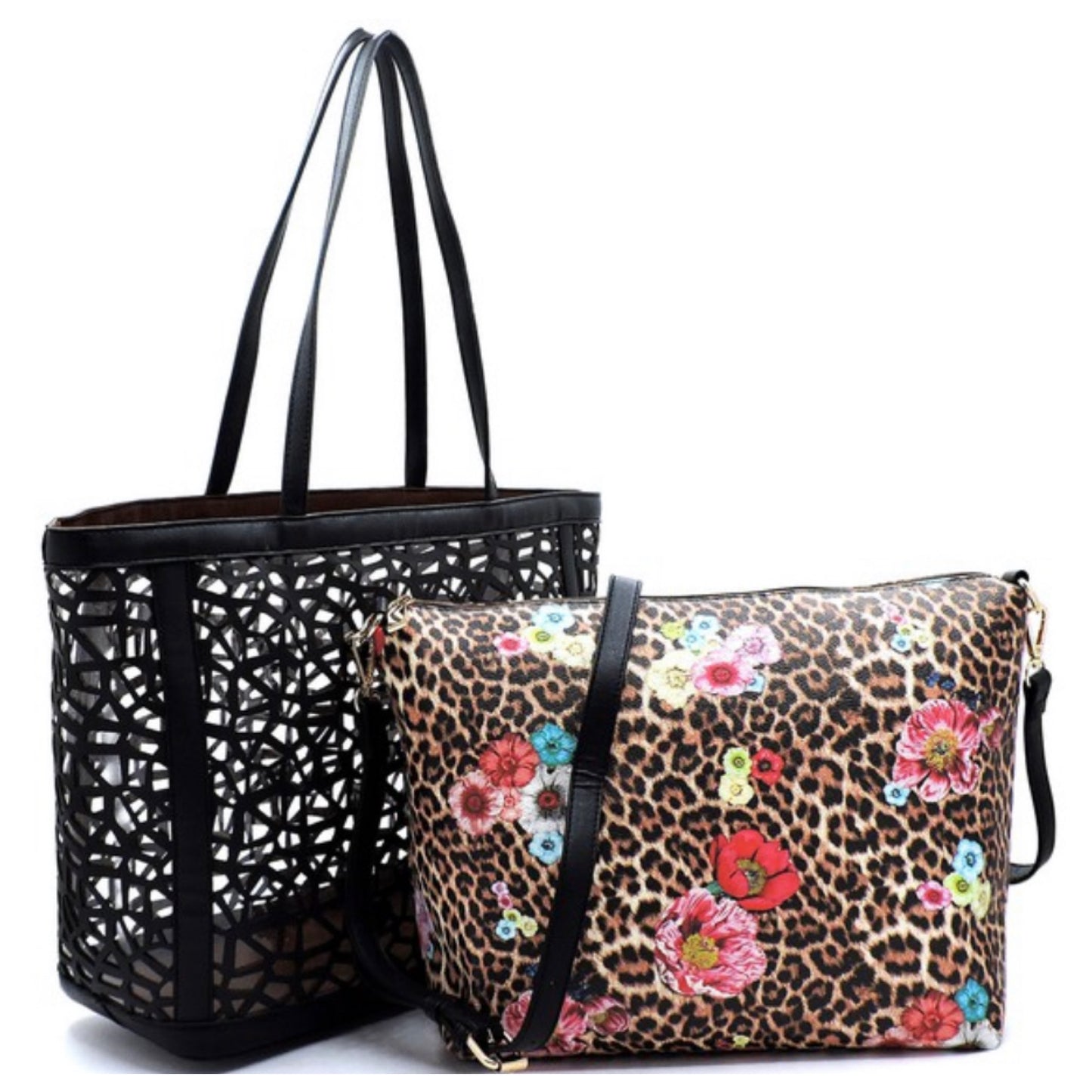 2 in 1: Laser Cut Out Black Leather Shopper and Leopard Cross Body Bag-Purse-Tote