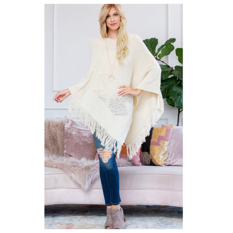 Classy and Sassy Fringe Trim Cream Knit Poncho-Shawl-Winter Outerwear