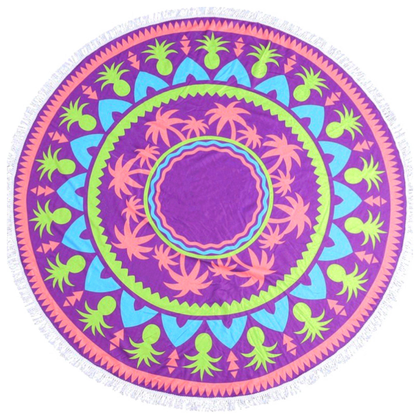 “Fun in the Sun" Fringe Trim Tropical Pineapple Round Beach Towel