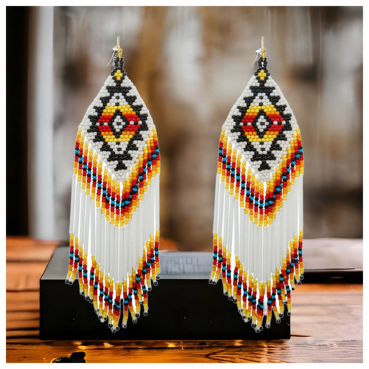 Ashlyn’s Ivory Black Mix Aztec Fringe Drop Seed Bead Earrings-Western-Navajo