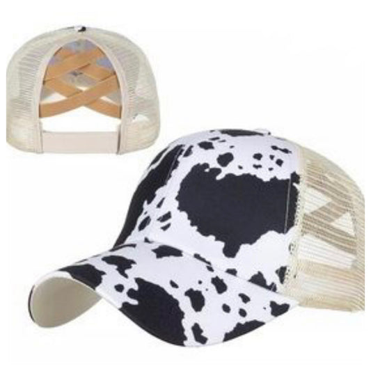 Crazy Fun Black Cow Print PonyTail Back Ball Cap
