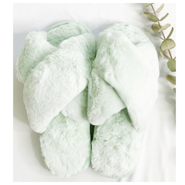 Pamper Your Feet, Faux Fur Sage Slippers