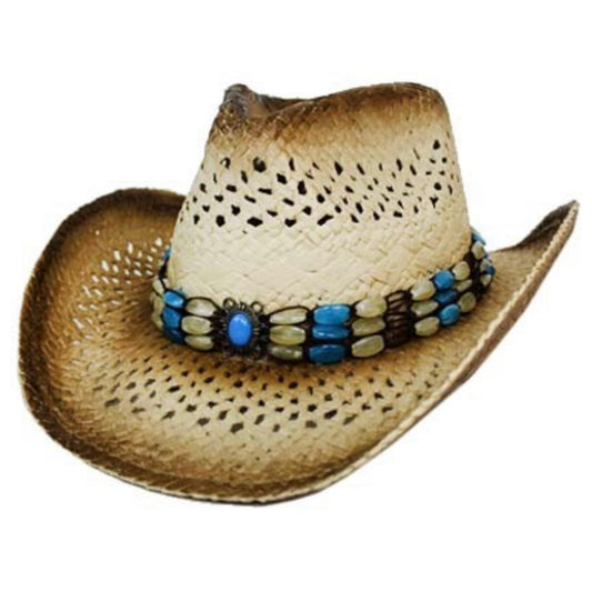 Turquoise Ivory Stone Bead Straw Cowboy Hat - Western