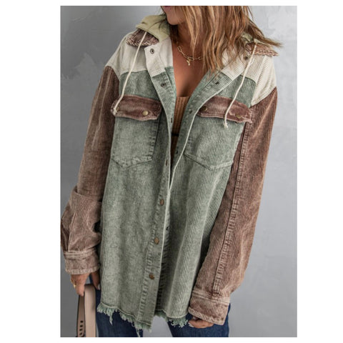 Call Me Cozy! Michelle J Color Block Corduroy Hooded Jacket-Women’s