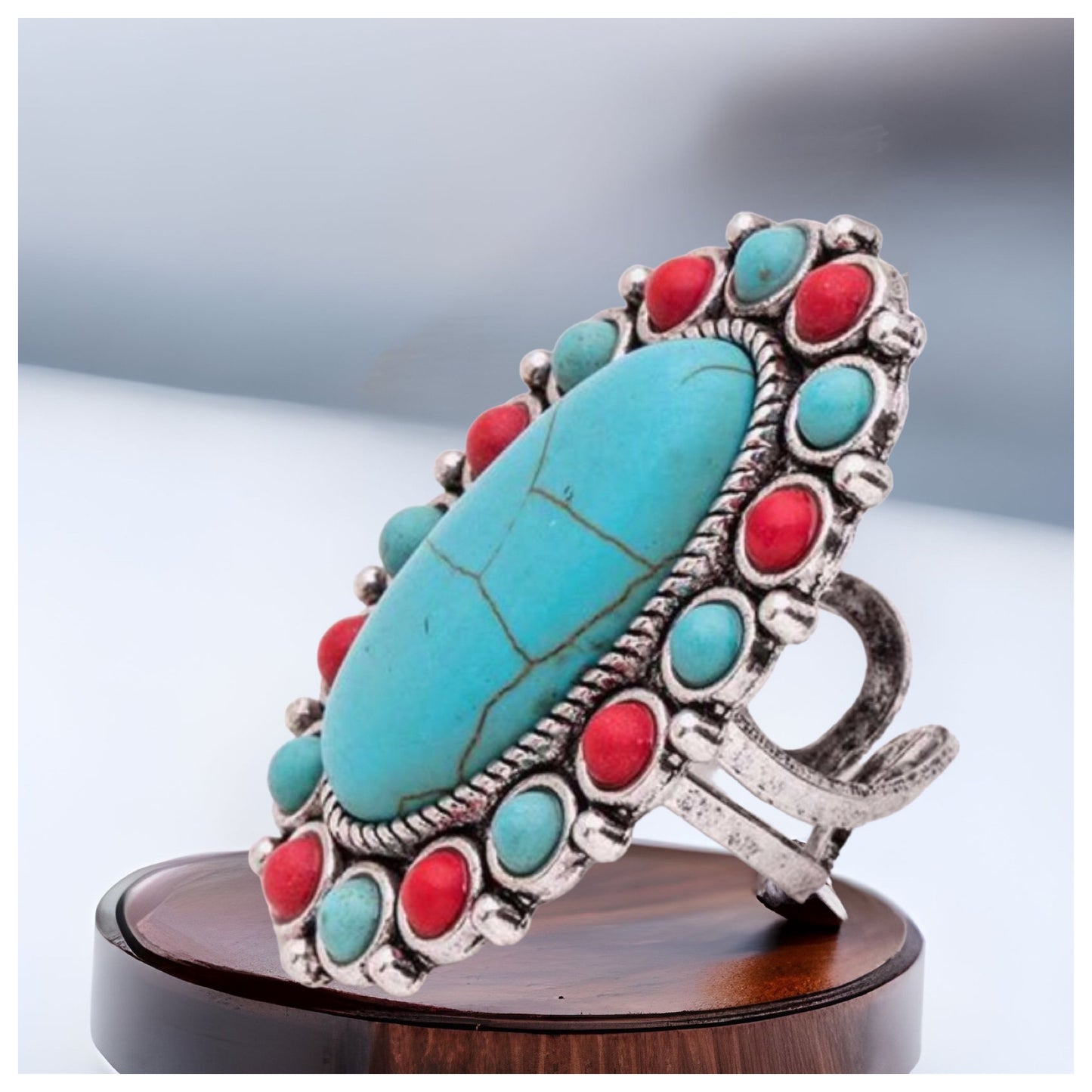 Oval Iconic Turquoise, Deep Coral Stone Ring