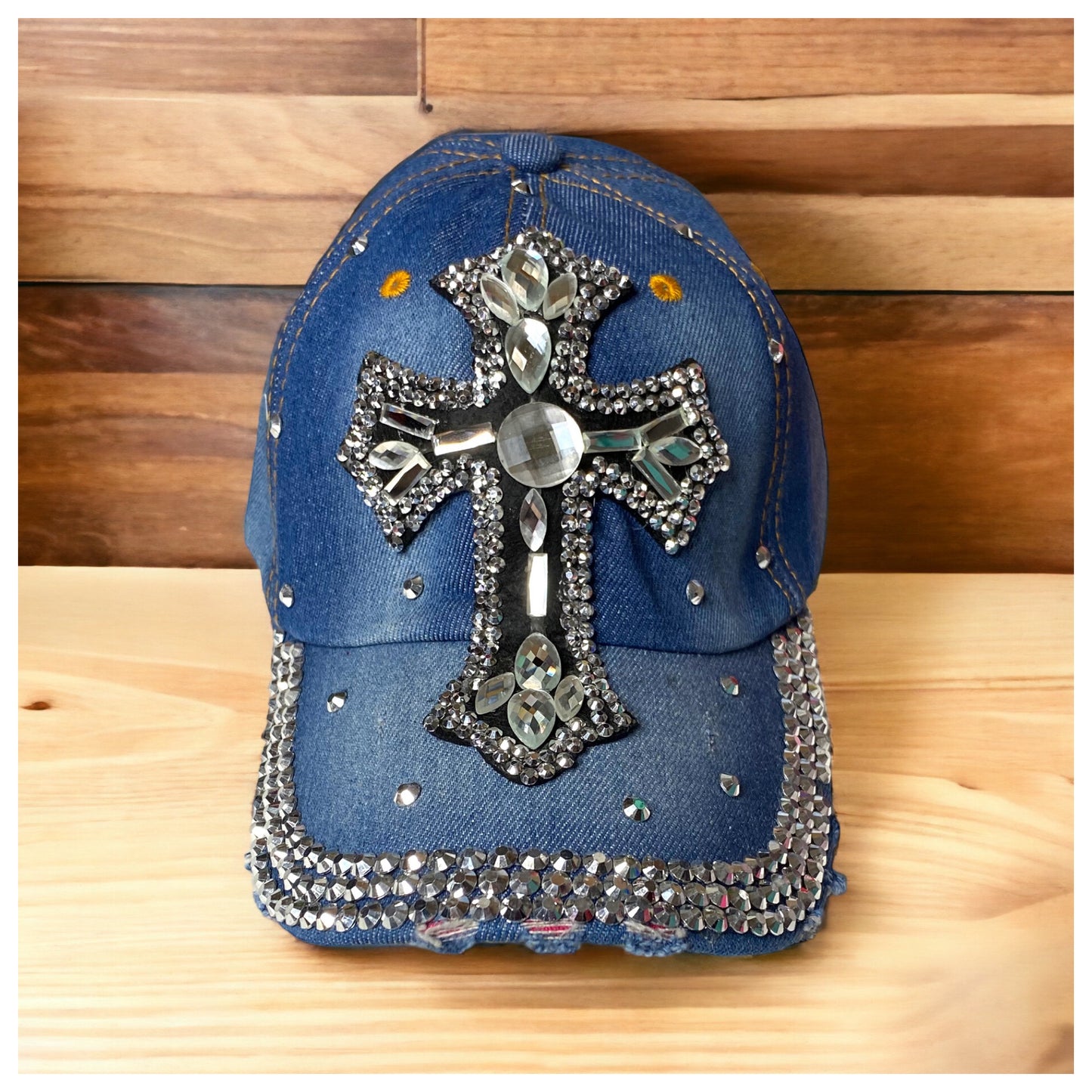 Distressed Large Bling Cross Blue Denim Hat