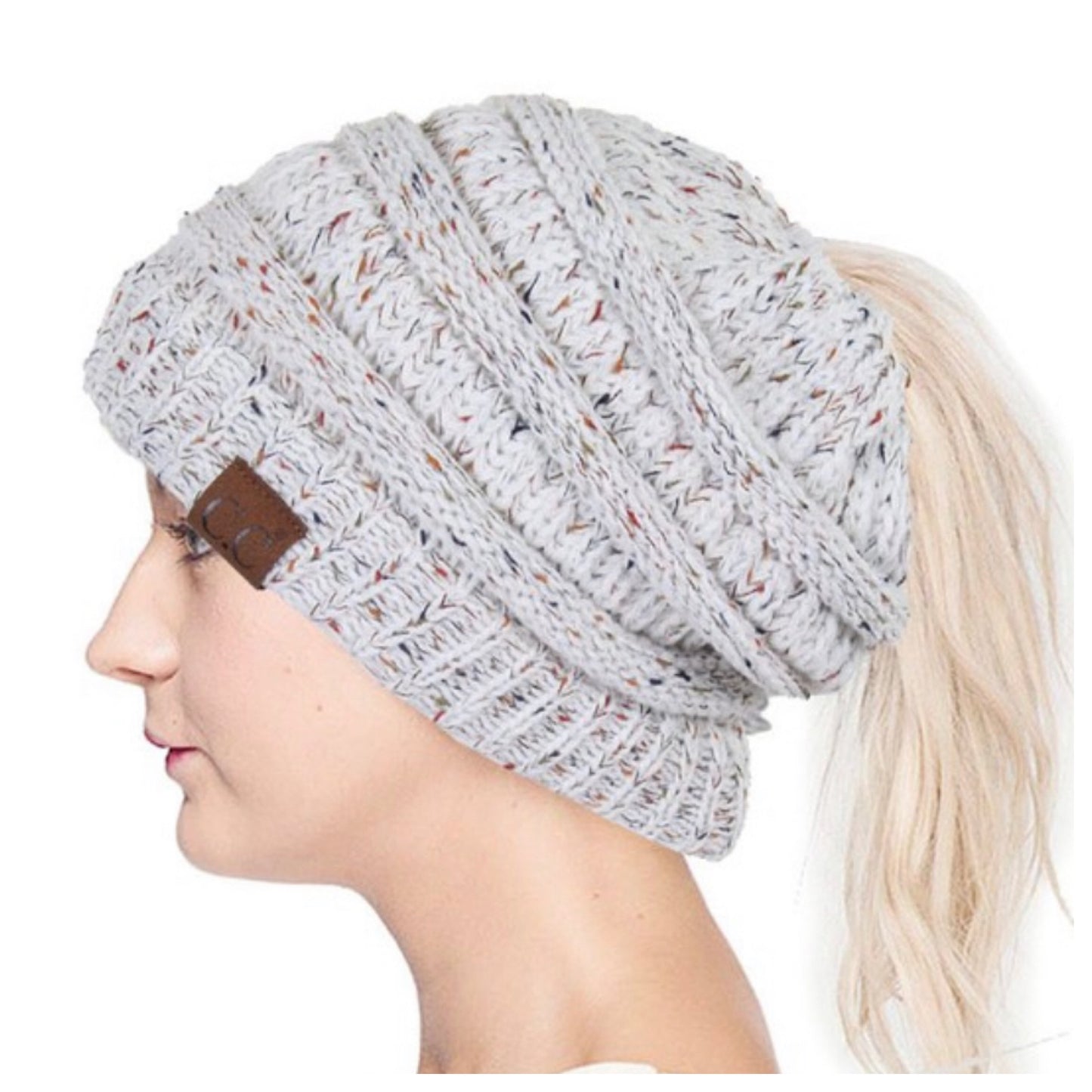 Cozy Cute Confetti Messy Bun CC Beanie, Pony Tail