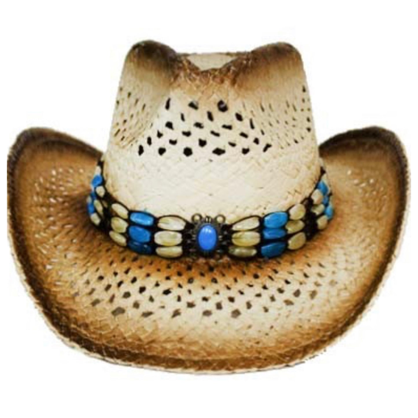 Turquoise Ivory Stone Bead Straw Cowboy Hat - Western