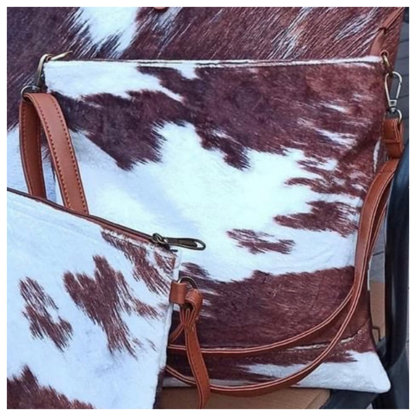 Round Em’ Up-Jennifer Tan Cowhide Print Tote-Cross Body Bag and Clutch 3pc Set