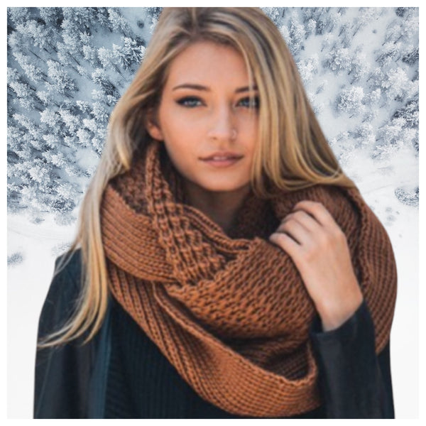 CYBER MONDAY SPECIAL-HUGE XL Thick Chunky Knit Camel Brown Infinity Scarf-Winter Accessories