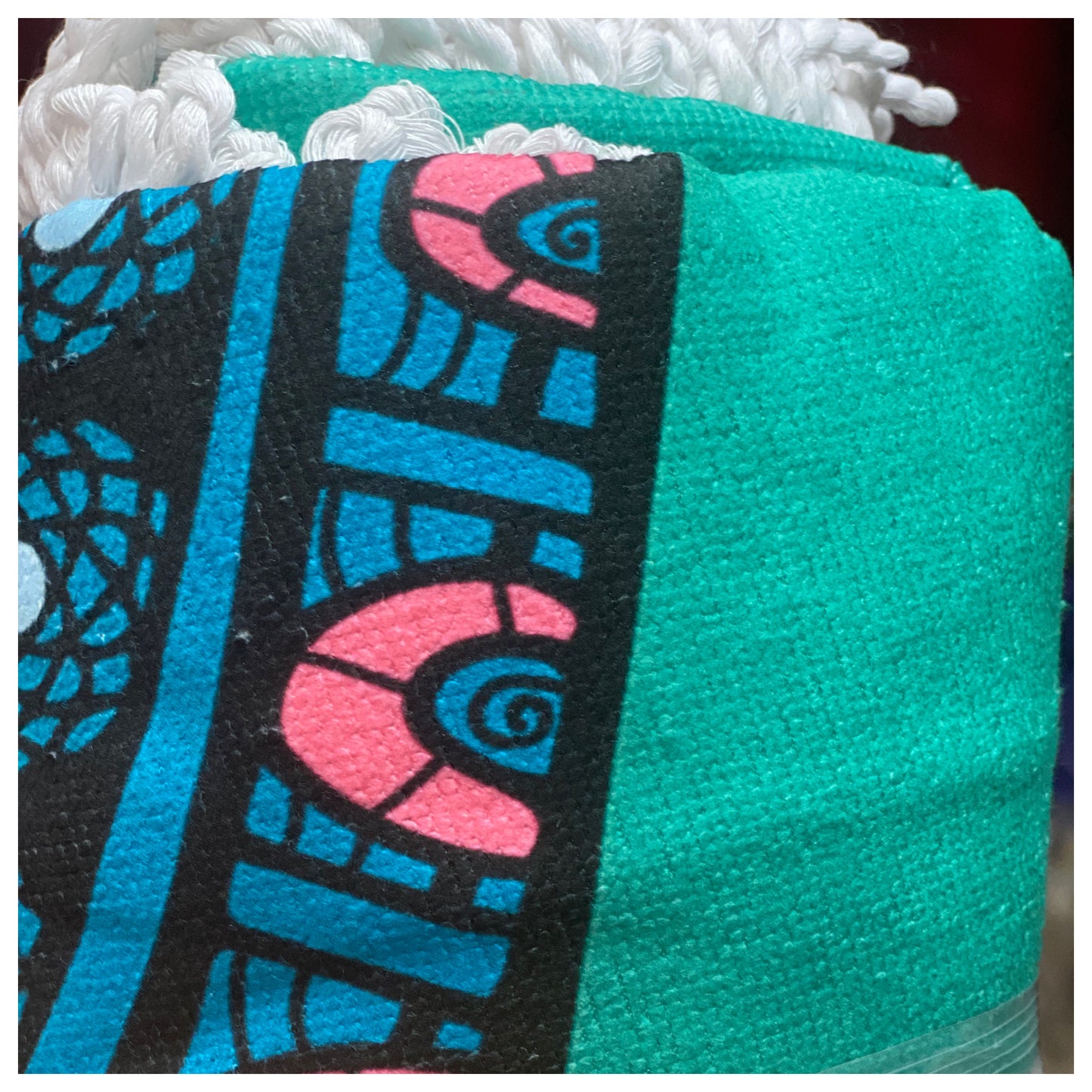 “Fun in the Sun" Fringe Trim Mandela Teal Elephant Round Beach Towel