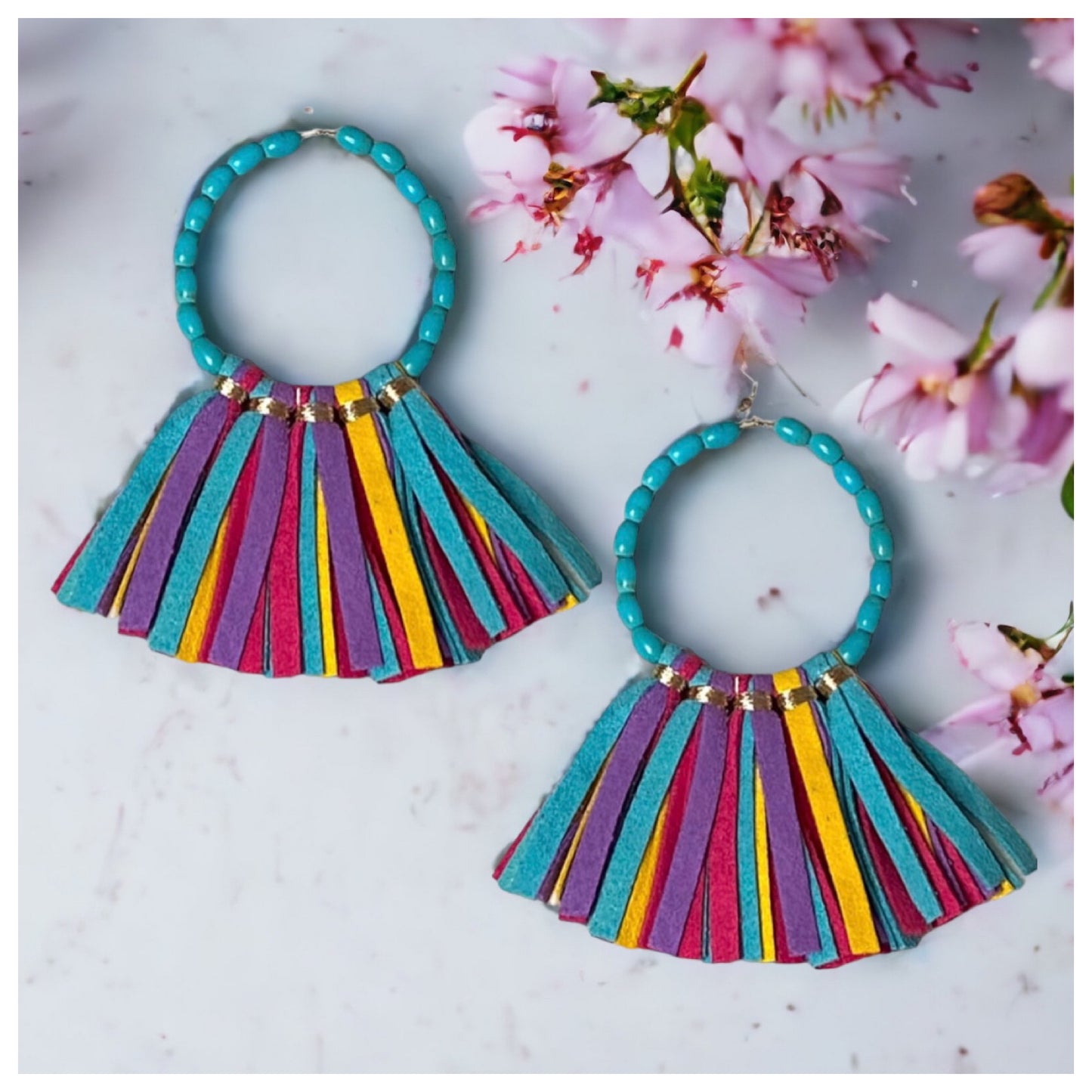 Turquoise Beaded Multi Color Fringe Earrings-Jewelry-Accesories